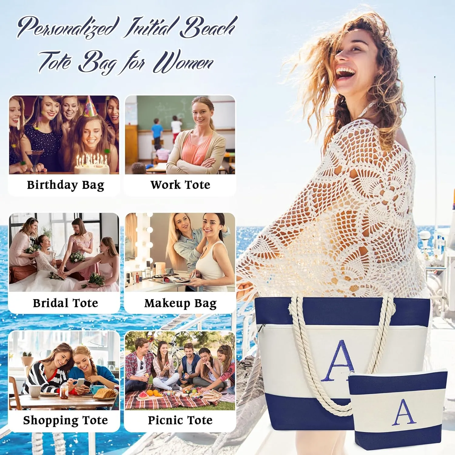 YOOLIFE Beach Bags for Women - Initial Canvas Tote Waterproof Bag with Makeup Bag Gifts for Women Mom Friend Birthday Her