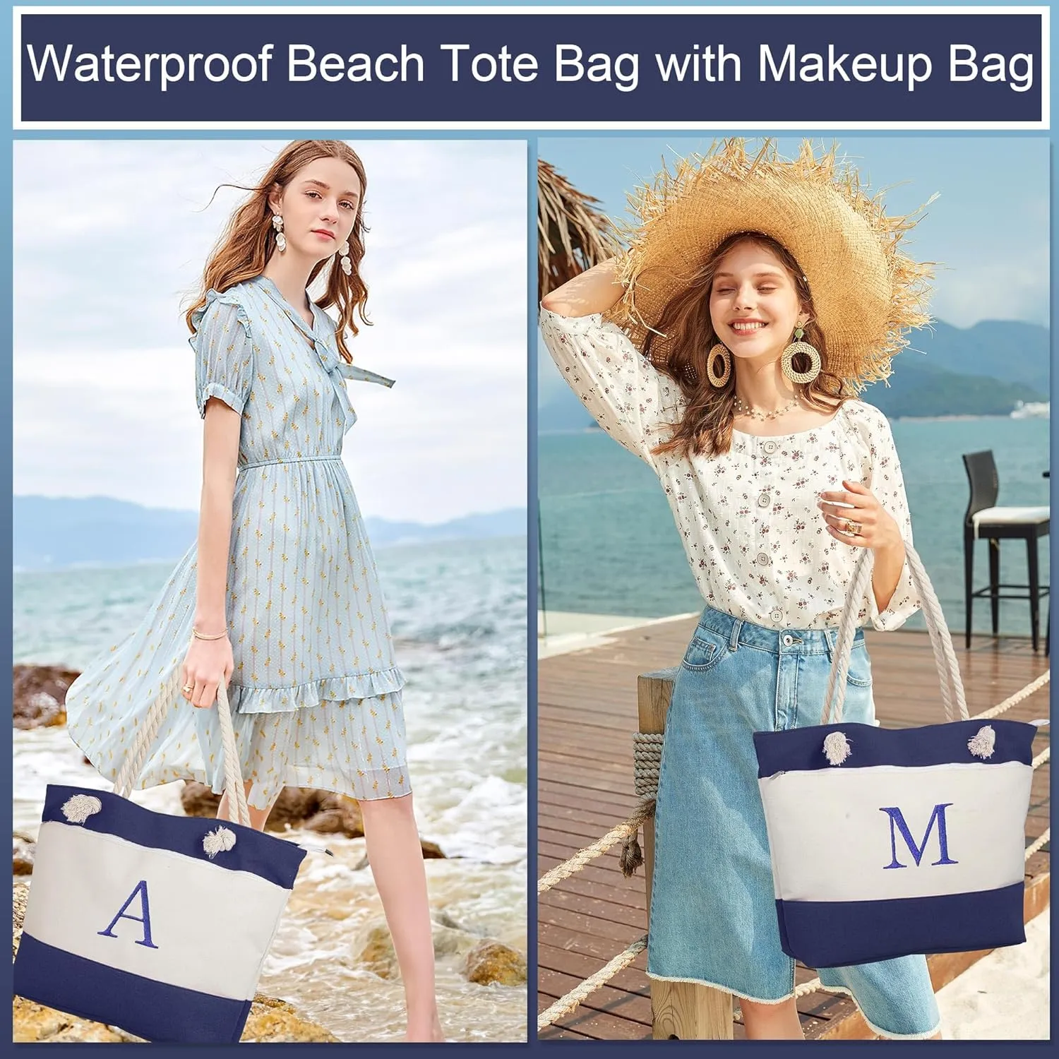 YOOLIFE Beach Bags for Women - Initial Canvas Tote Waterproof Bag with Makeup Bag Gifts for Women Mom Friend Birthday Her