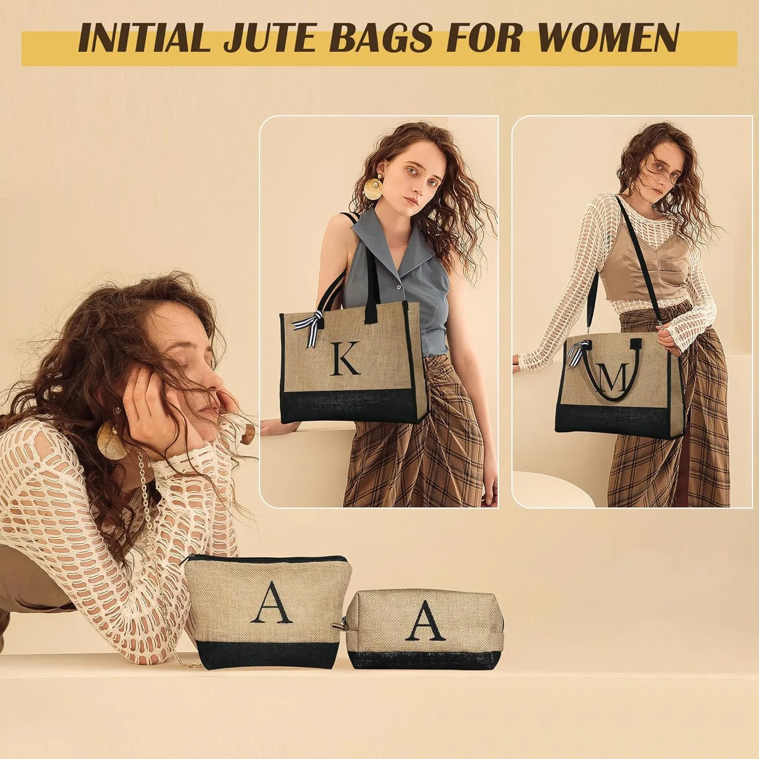 YOOLIFE Gifts for Women - Initial Jute Tote Bag & 2 Makeup Bags Personalized Gifts for Women Teacher Mom Friend Birthday