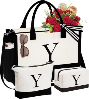 YOOLIFE Initial Canvas Tote Bag & Makeup Bag, Personalized Birthday Gifts for Women Mom Daughter Sister Friends Teacher, Bridesmaid Wedding Gifts