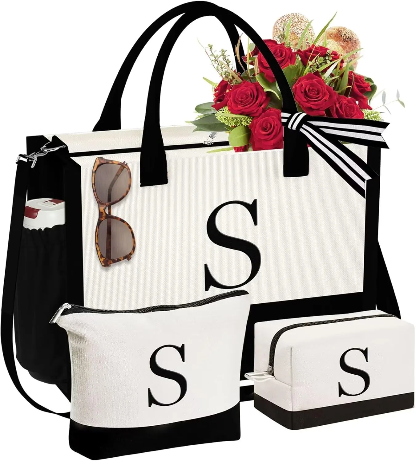 YOOLIFE Initial Canvas Tote Bag & Makeup Bag, Personalized Birthday Gifts for Women Mom Daughter Sister Friends Teacher, Bridesmaid Wedding Gifts