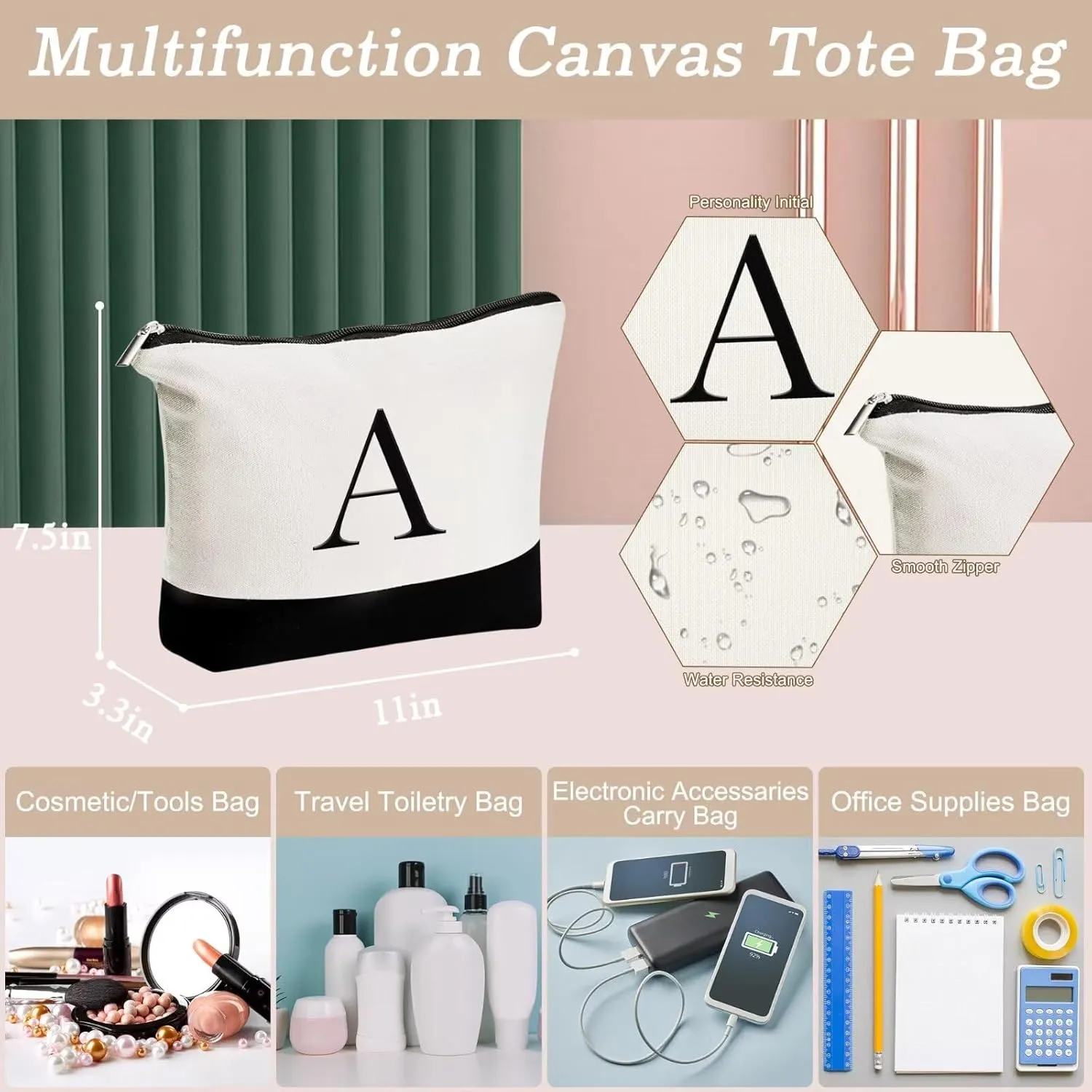 YOOLIFE Initial Canvas Tote Bag & Makeup Bag, Personalized Birthday Gifts for Women Mom Daughter Sister Friends Teacher, Bridesmaid Wedding Gifts