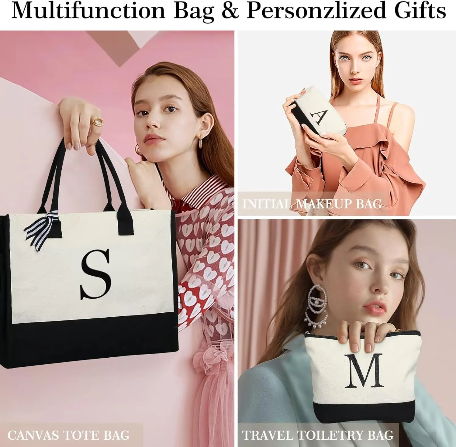 YOOLIFE Initial Canvas Tote Bag & Makeup Bag, Personalized Birthday Gifts for Women Mom Daughter Sister Friends Teacher, Bridesmaid Wedding Gifts