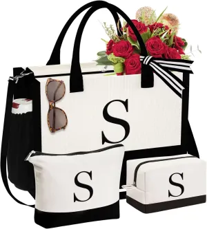 YOOLIFE Initial Canvas Tote Bag & Makeup Bag, Personalized Birthday Gifts for Women Mom Daughter Sister Friends Teacher, Bridesmaid Wedding Gifts