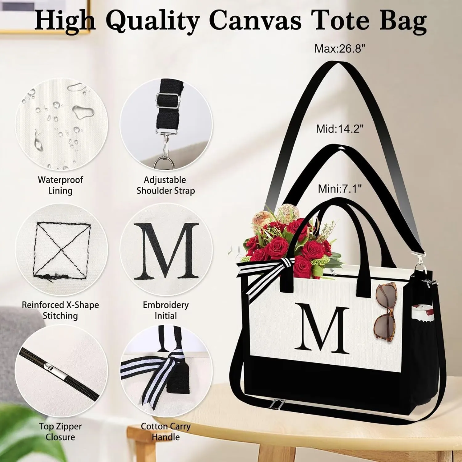 YOOLIFE Initial Canvas Tote Bag & Makeup Bag, Personalized Birthday Gifts for Women Mom Daughter Sister Friends Teacher, Bridesmaid Wedding Gifts