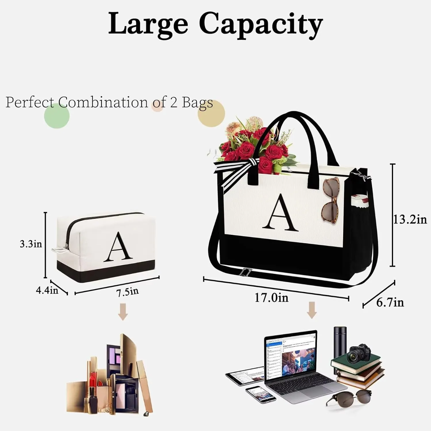 YOOLIFE Initial Canvas Tote Bag & Makeup Bag, Personalized Birthday Gifts for Women Mom Daughter Sister Friends Teacher, Bridesmaid Wedding Gifts