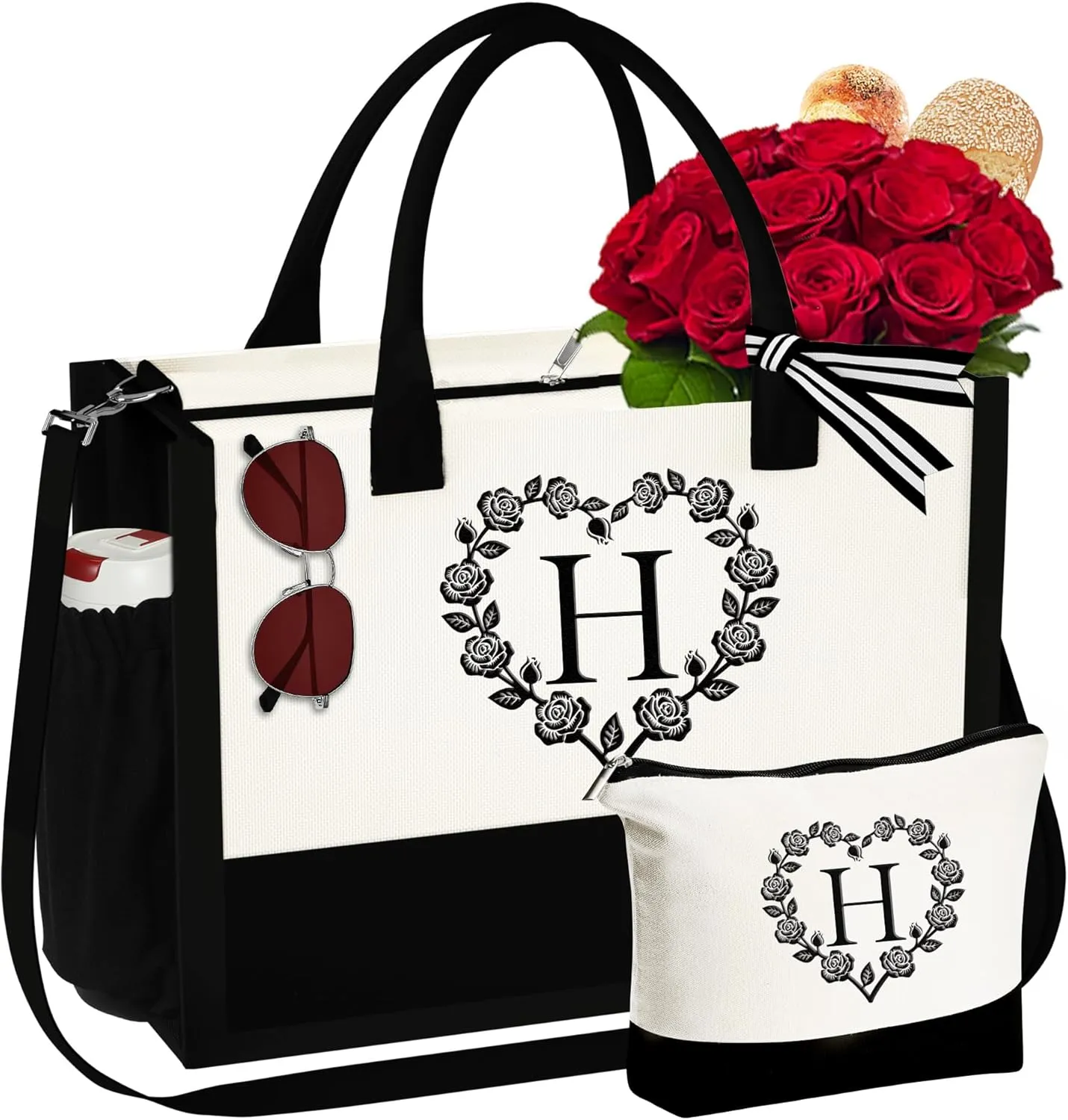 YOOLIFE Mothers Day Gifts - Initial Canvas Tote Bag Makeup Bag, Personalized Gifts for Women Mom Wife Teacher Friend Birthday