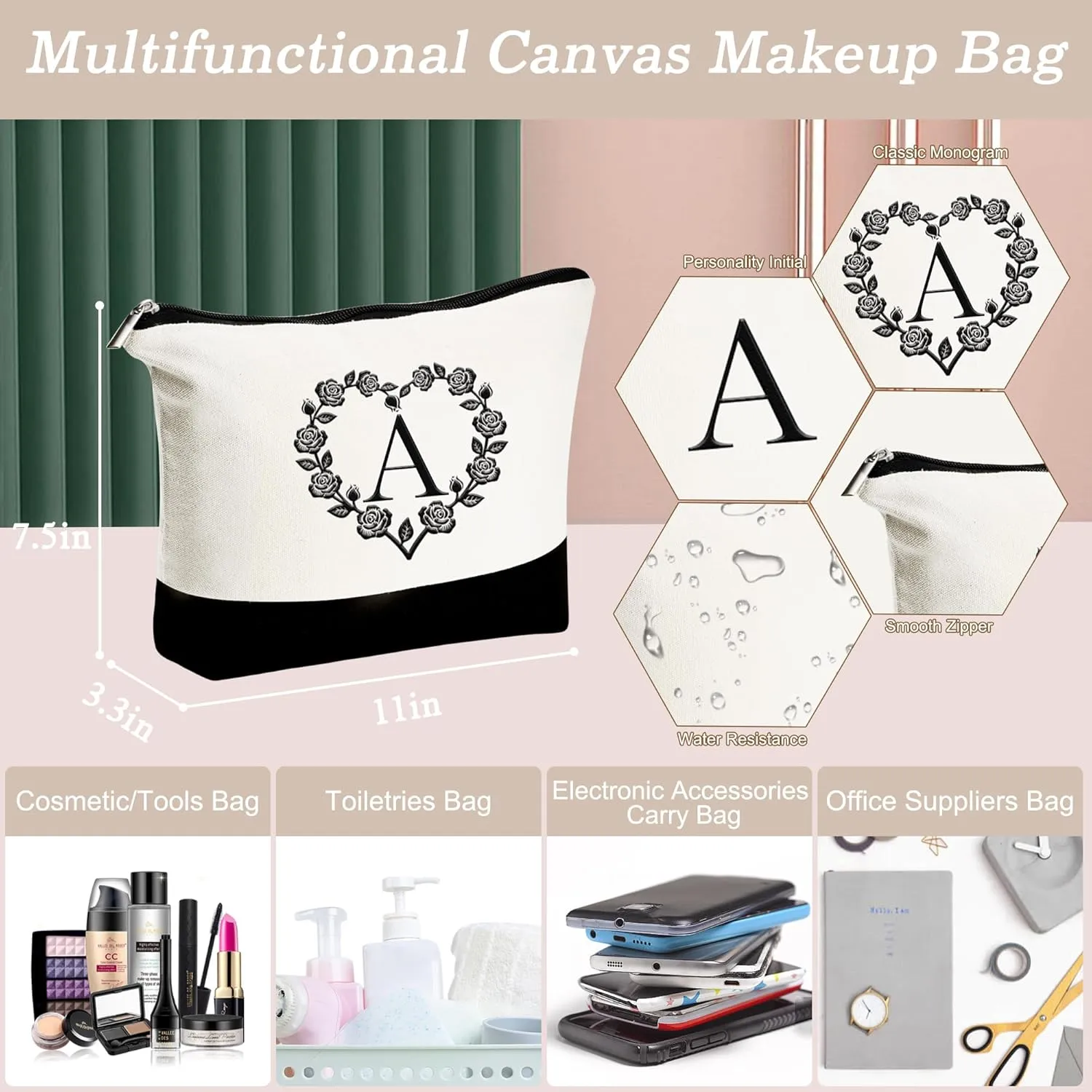 YOOLIFE Mothers Day Gifts - Initial Canvas Tote Bag Makeup Bag, Personalized Gifts for Women Mom Wife Teacher Friend Birthday
