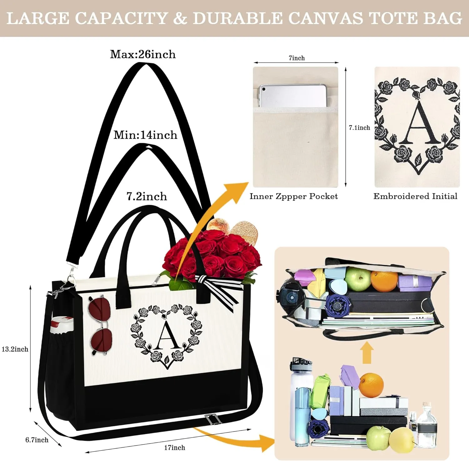 YOOLIFE Mothers Day Gifts - Initial Canvas Tote Bag Makeup Bag, Personalized Gifts for Women Mom Wife Teacher Friend Birthday