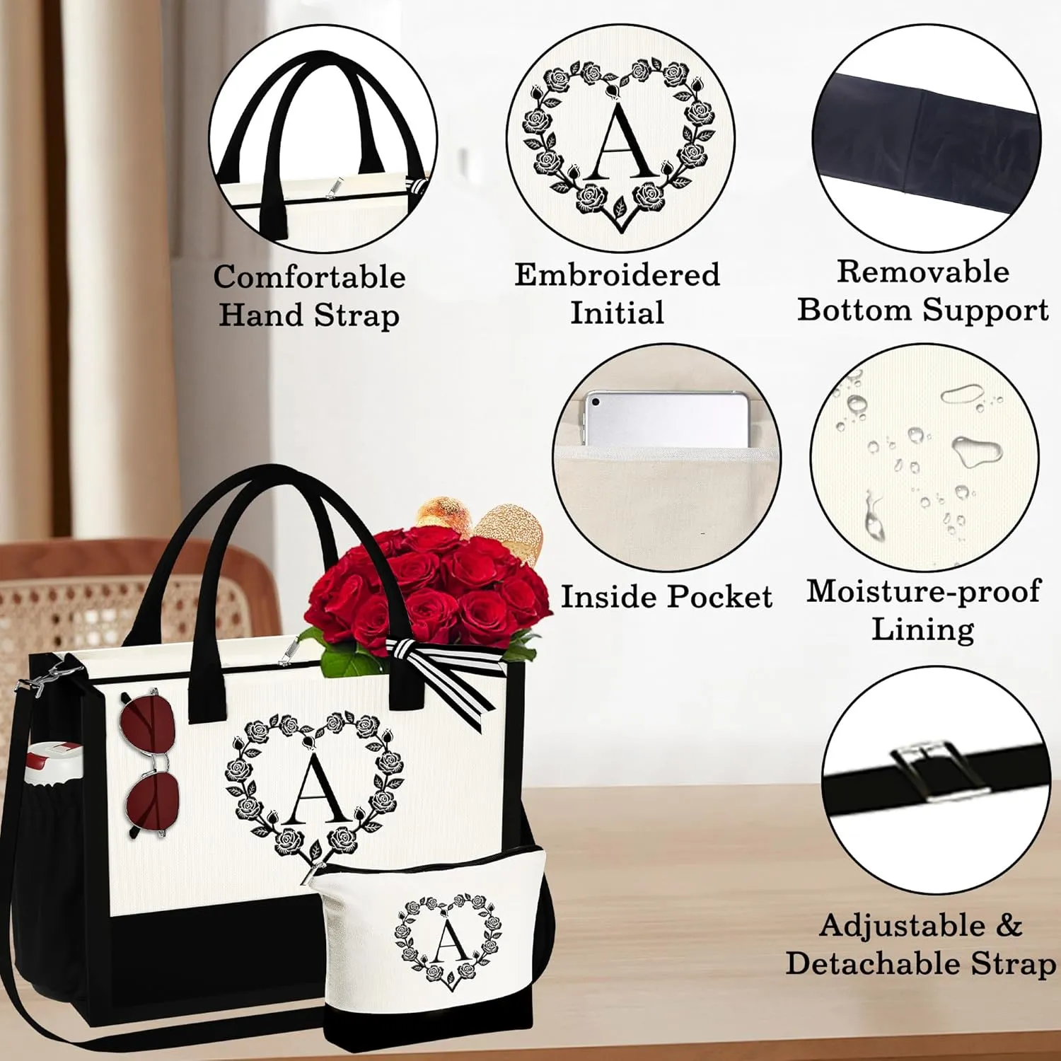 YOOLIFE Mothers Day Gifts - Initial Canvas Tote Bag Makeup Bag, Personalized Gifts for Women Mom Wife Teacher Friend Birthday