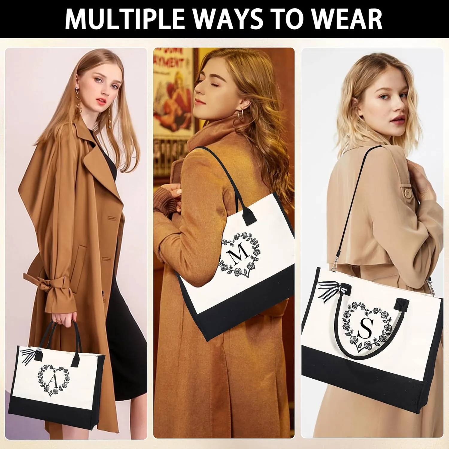 YOOLIFE Mothers Day Gifts - Initial Canvas Tote Bag Makeup Bag, Personalized Gifts for Women Mom Wife Teacher Friend Birthday