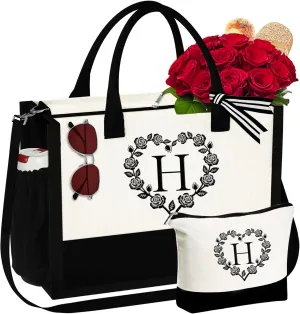 YOOLIFE Mothers Day Gifts - Initial Canvas Tote Bag Makeup Bag, Personalized Gifts for Women Mom Wife Teacher Friend Birthday