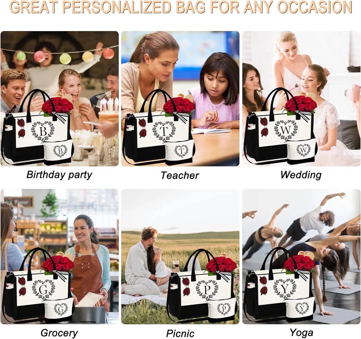 YOOLIFE Mothers Day Gifts - Initial Canvas Tote Bag Makeup Bag, Personalized Gifts for Women Mom Wife Teacher Friend Birthday