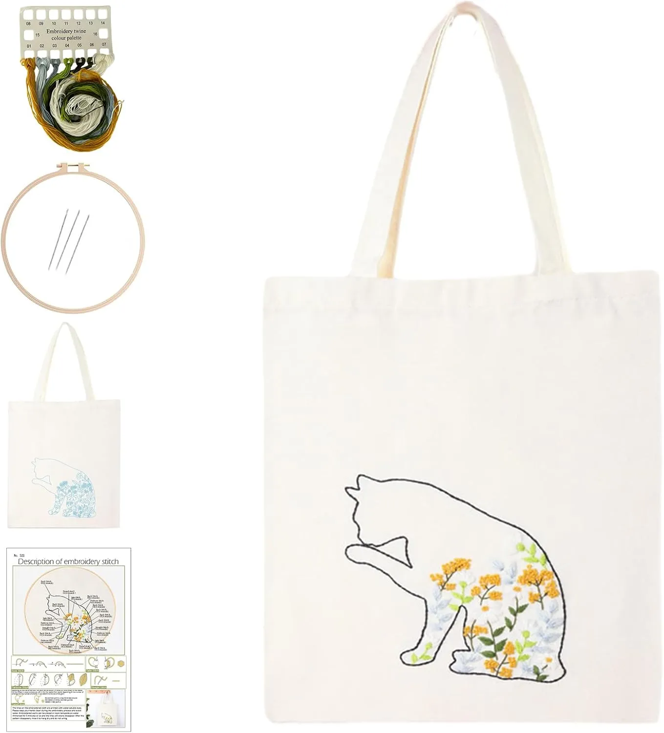 Yououii Canvas Handbag Embroidery Kit, DIY Craft Tote Bag Beginner Embroidery Kit Include Embroidery Hoops Color Threads Needle, Stamped Embroidery Kit for Creative Gift (#A)