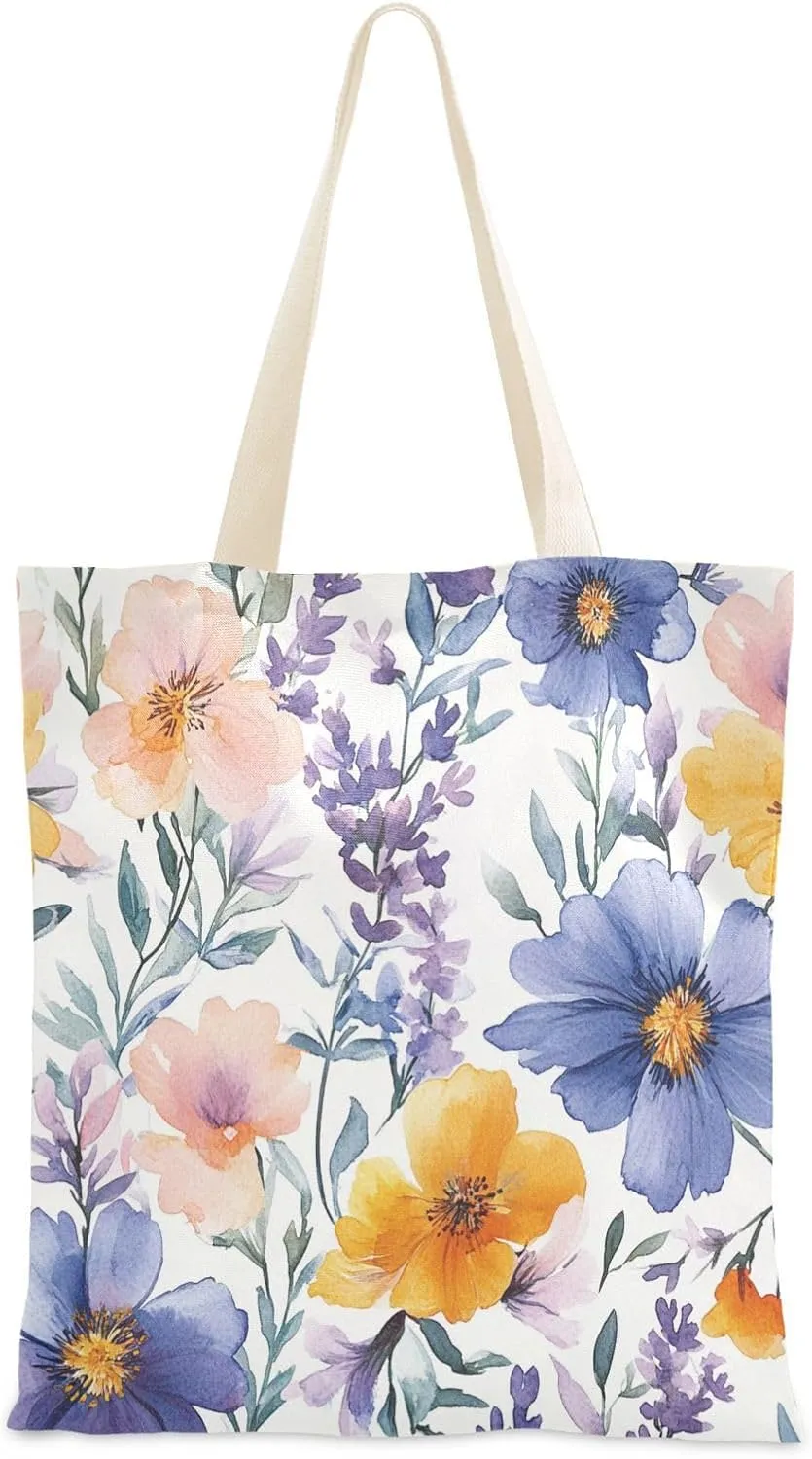 Yuiboo Canvas Bag Spring Cute Floral Colorful Rustic Canvas Grocery Bag Tote Bag Bulk Cute Gifts For Women Cloth Grocery Bags With Handles