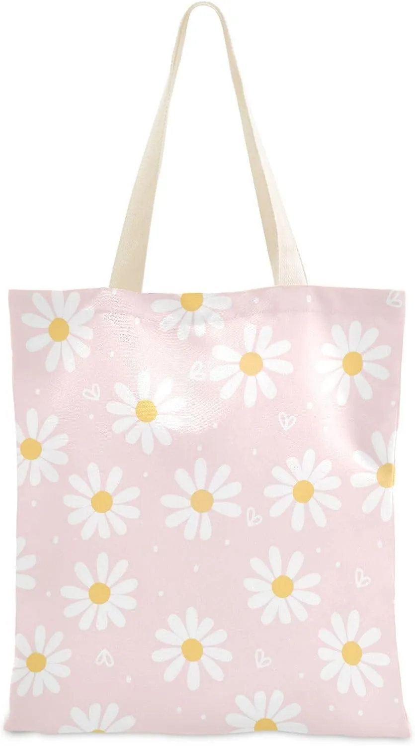 Yuiboo Medium Canvas Tote Daisy Flower Hearts Pink Cloth Tote Bags With Handles Tote Bag Bulk Hostess Gifts For Women Book Tote Bag