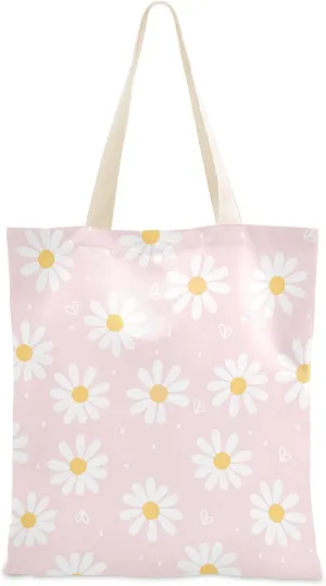 Yuiboo Medium Canvas Tote Daisy Flower Hearts Pink Cloth Tote Bags With Handles Tote Bag Bulk Hostess Gifts For Women Book Tote Bag