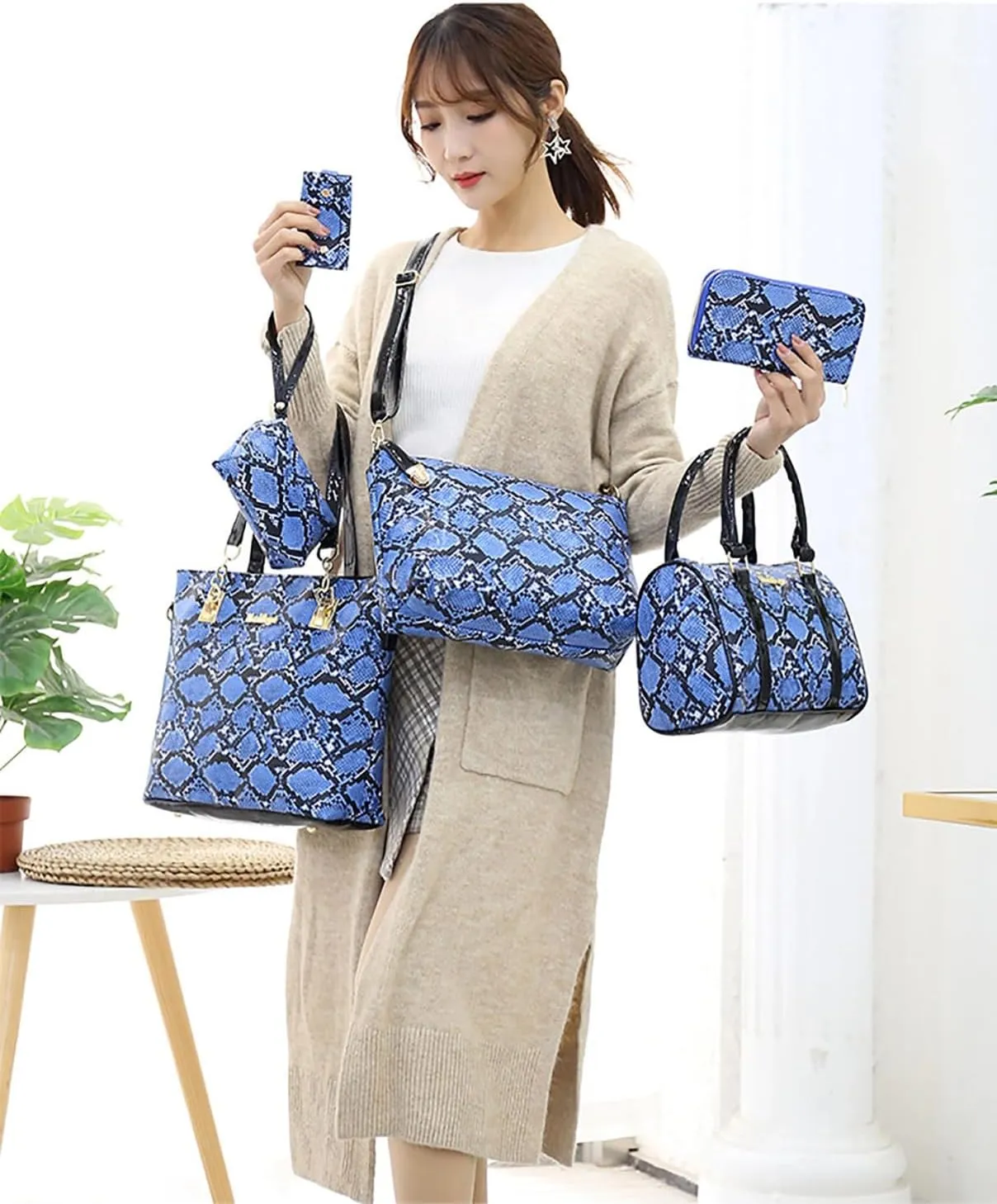 YUNZLAN 2025 Snakeskin Pattern Summer Handbags and Purses for Women Crossbody Bags Spring Handbags Set of 6