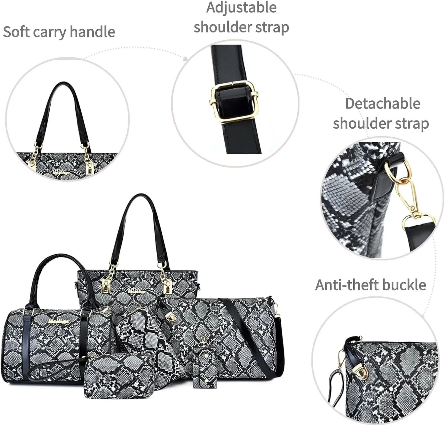 YUNZLAN 2025 Snakeskin Pattern Summer Handbags and Purses for Women Crossbody Bags Spring Handbags Set of 6