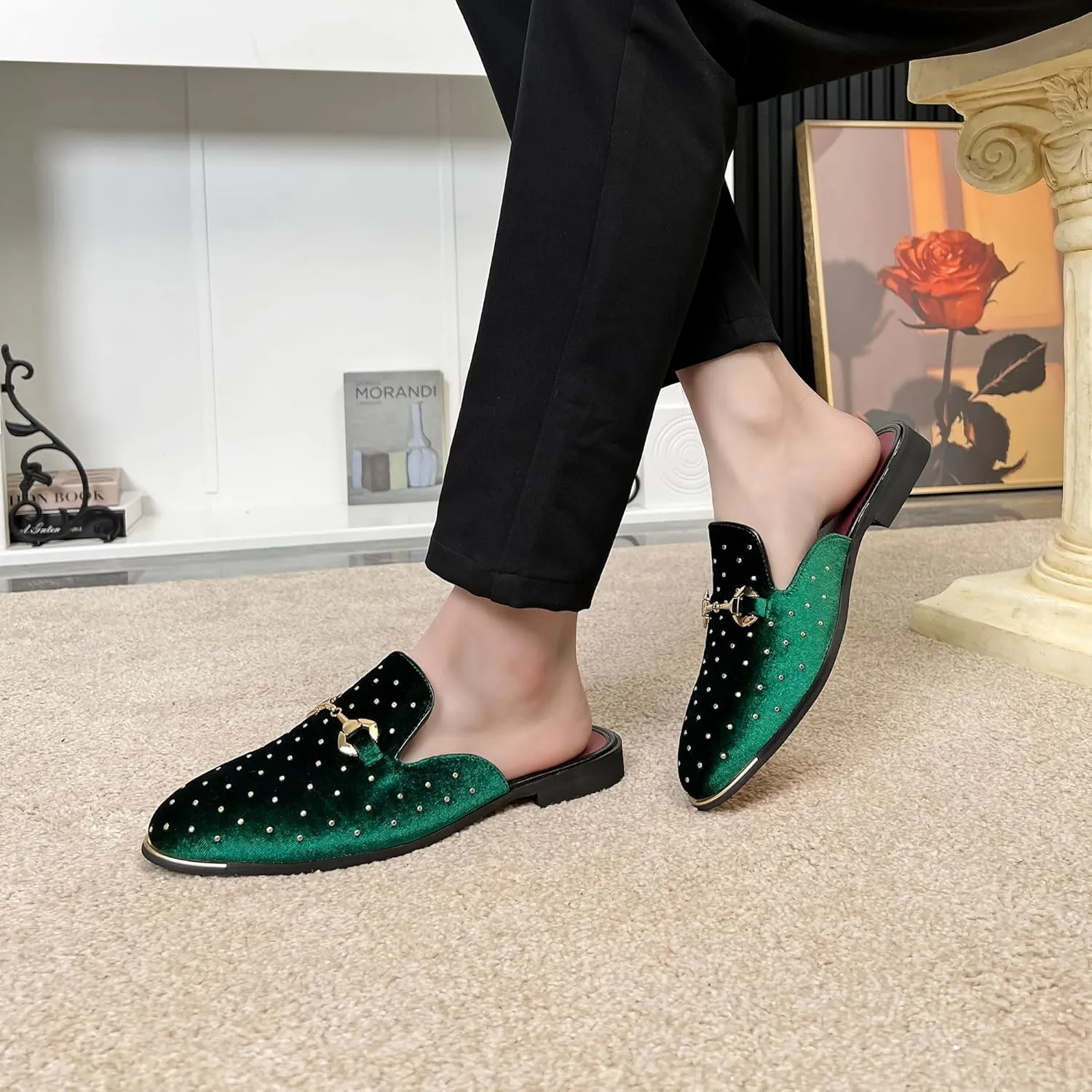 YYQL Mens Slippers with Arch Support Embroidered Leather Sandals for Men Slip On House Shoes with Indoor Outdoor Anti-Skid Rubber Sole Size 7-13