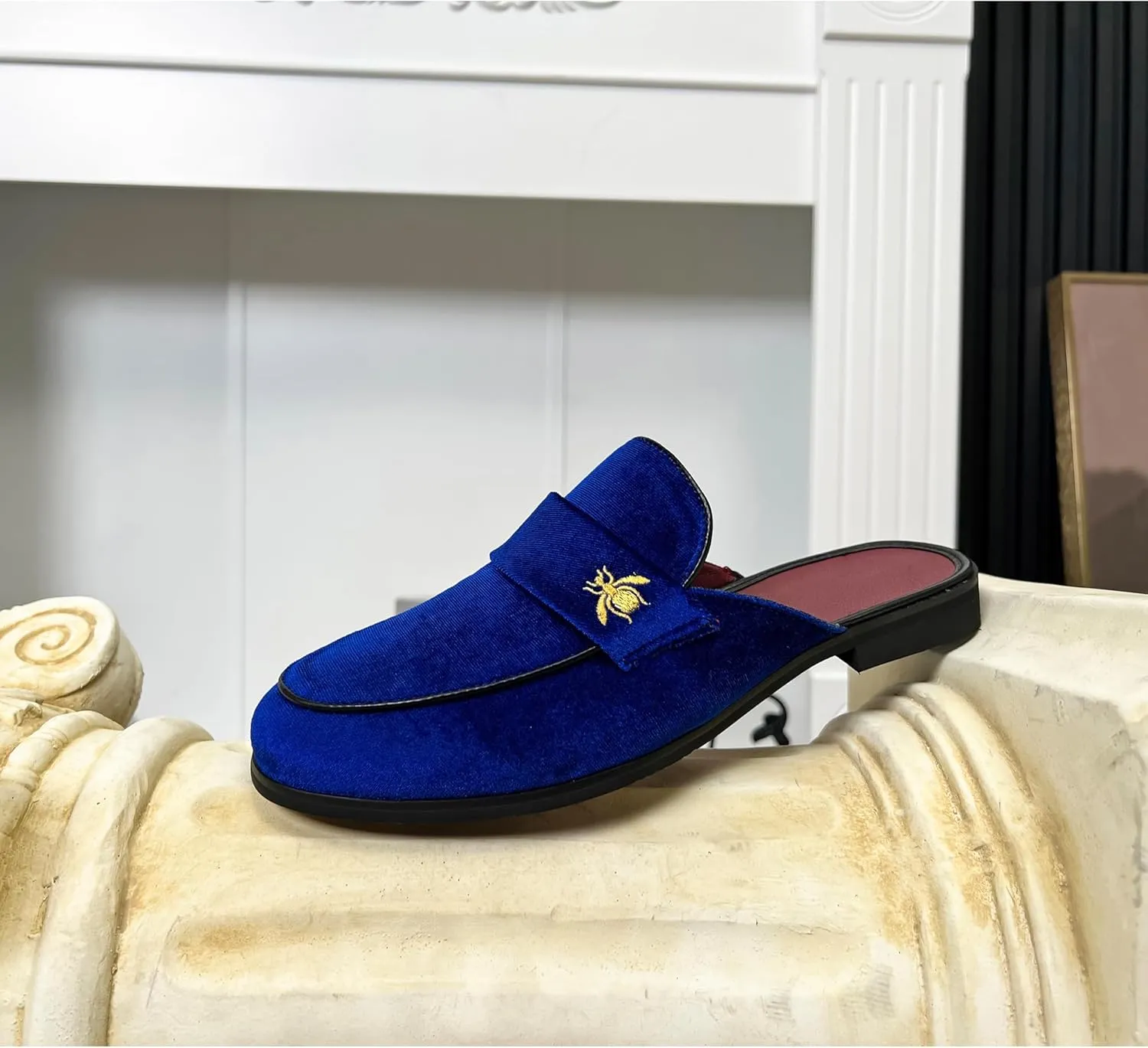 YYQL Mens Slippers with Arch Support Embroidered Leather Sandals for Men Slip On House Shoes with Indoor Outdoor Anti-Skid Rubber Sole Size 7-13