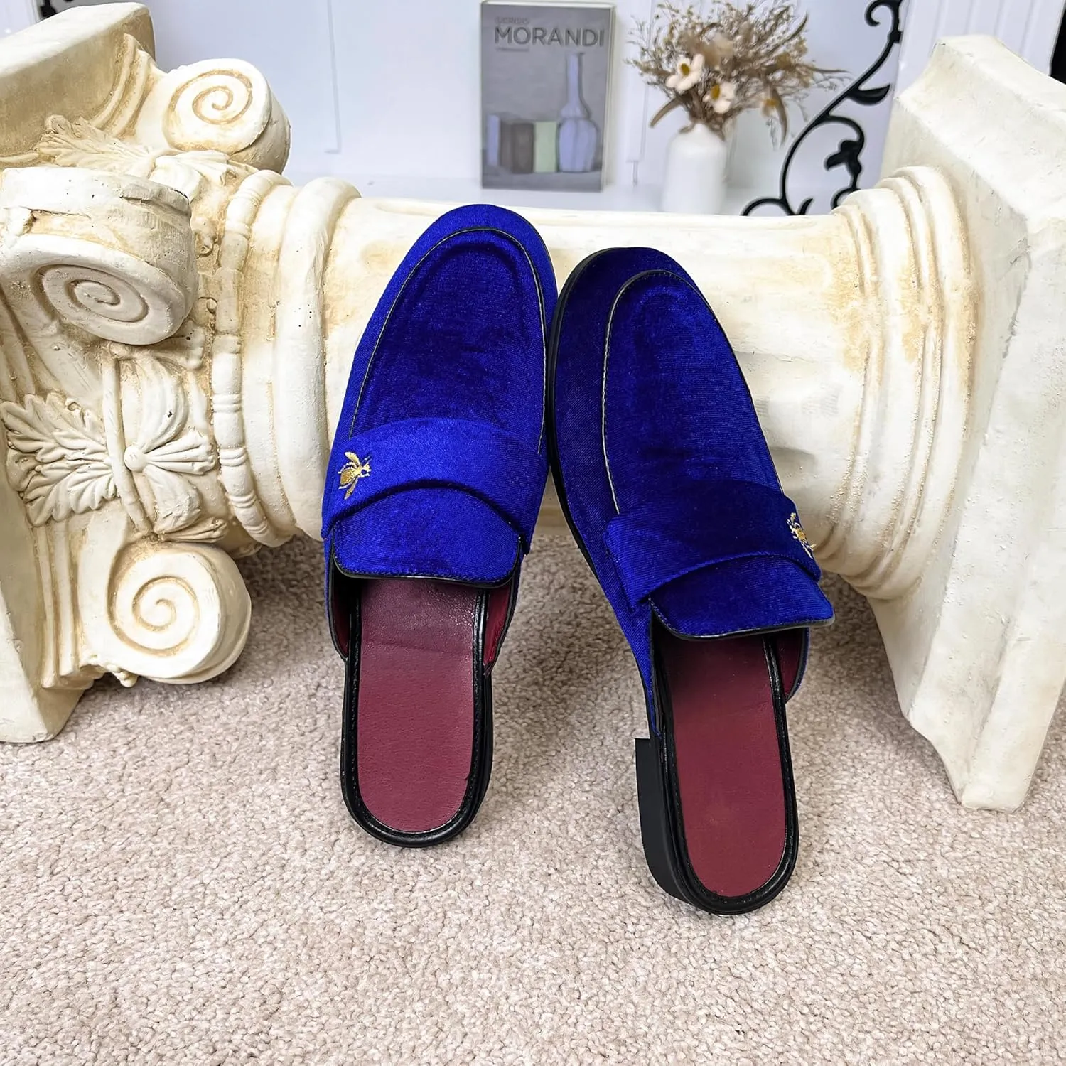 YYQL Mens Slippers with Arch Support Embroidered Leather Sandals for Men Slip On House Shoes with Indoor Outdoor Anti-Skid Rubber Sole Size 7-13
