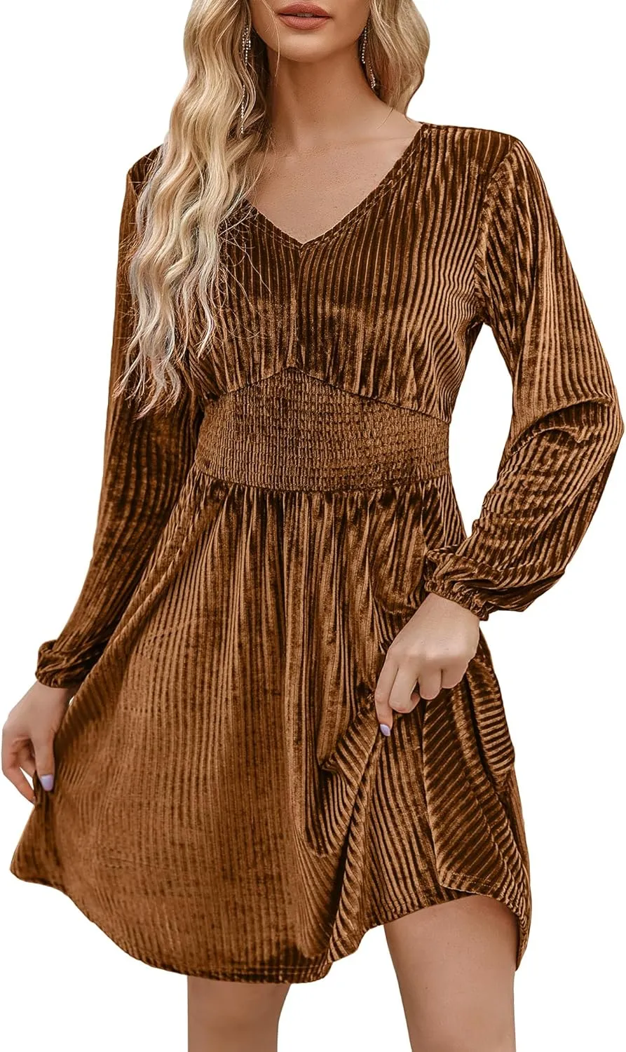 Zeagoo Womens Velvet Dress Sexy V-neck Long Sleeve Stretch Mini Party Cocktail Flared Dress