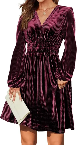 Zeagoo Womens Velvet Dress Sexy V-neck Long Sleeve Stretch Mini Party Cocktail Flared Dress