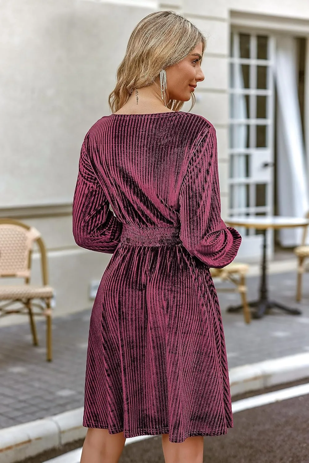 Zeagoo Womens Velvet Dress Sexy V-neck Long Sleeve Stretch Mini Party Cocktail Flared Dress
