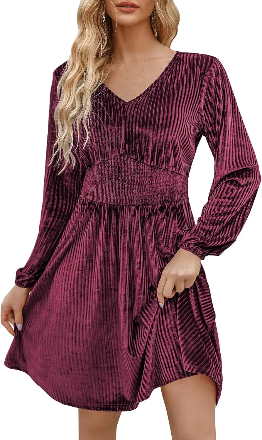 Zeagoo Womens Velvet Dress Sexy V-neck Long Sleeve Stretch Mini Party Cocktail Flared Dress