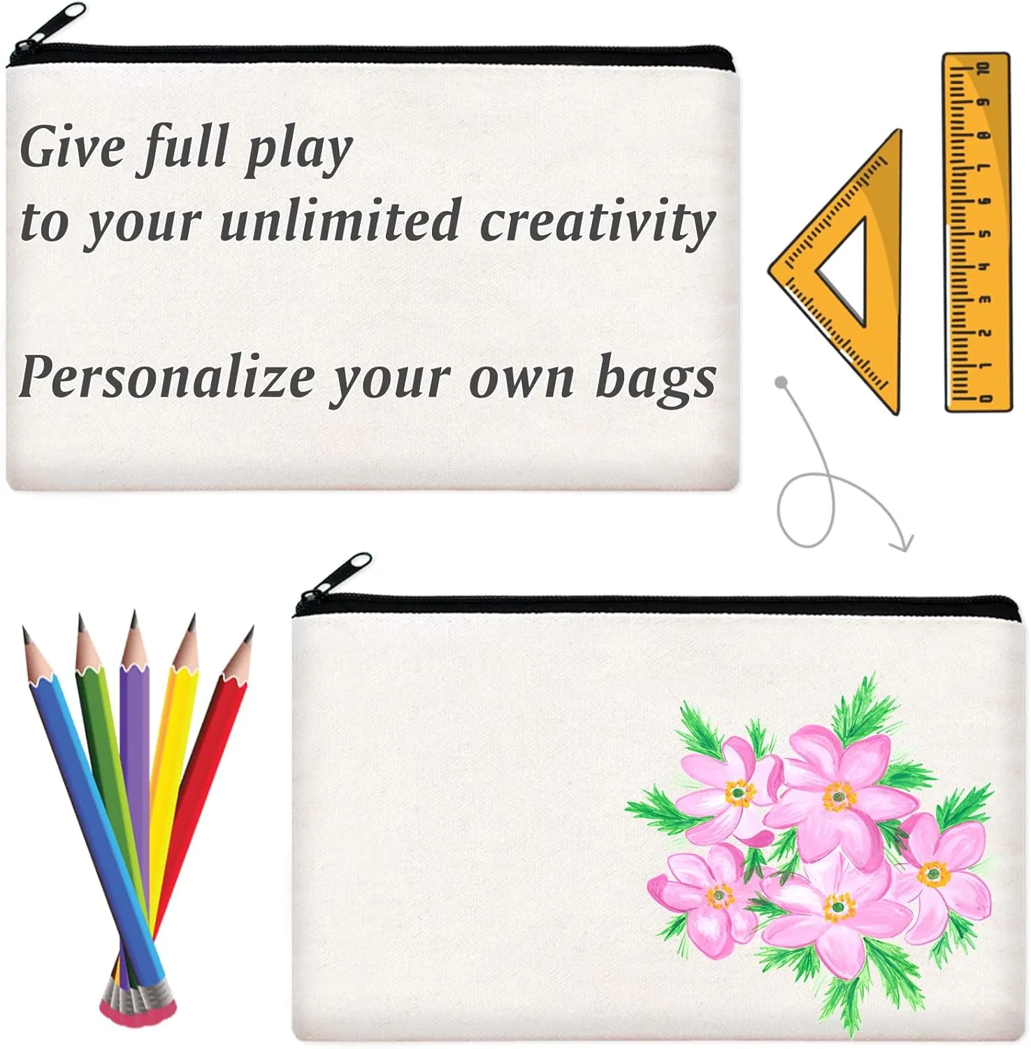 ZeeDix Canvas Pouch- Multi-purpose Cosmetic Bag with Zipper, DIY Craft Canvas Zipper Pouch Blank Makeup Bags Bulk Travel Toiletry Bag for Storage (8.3 x 5 inches)