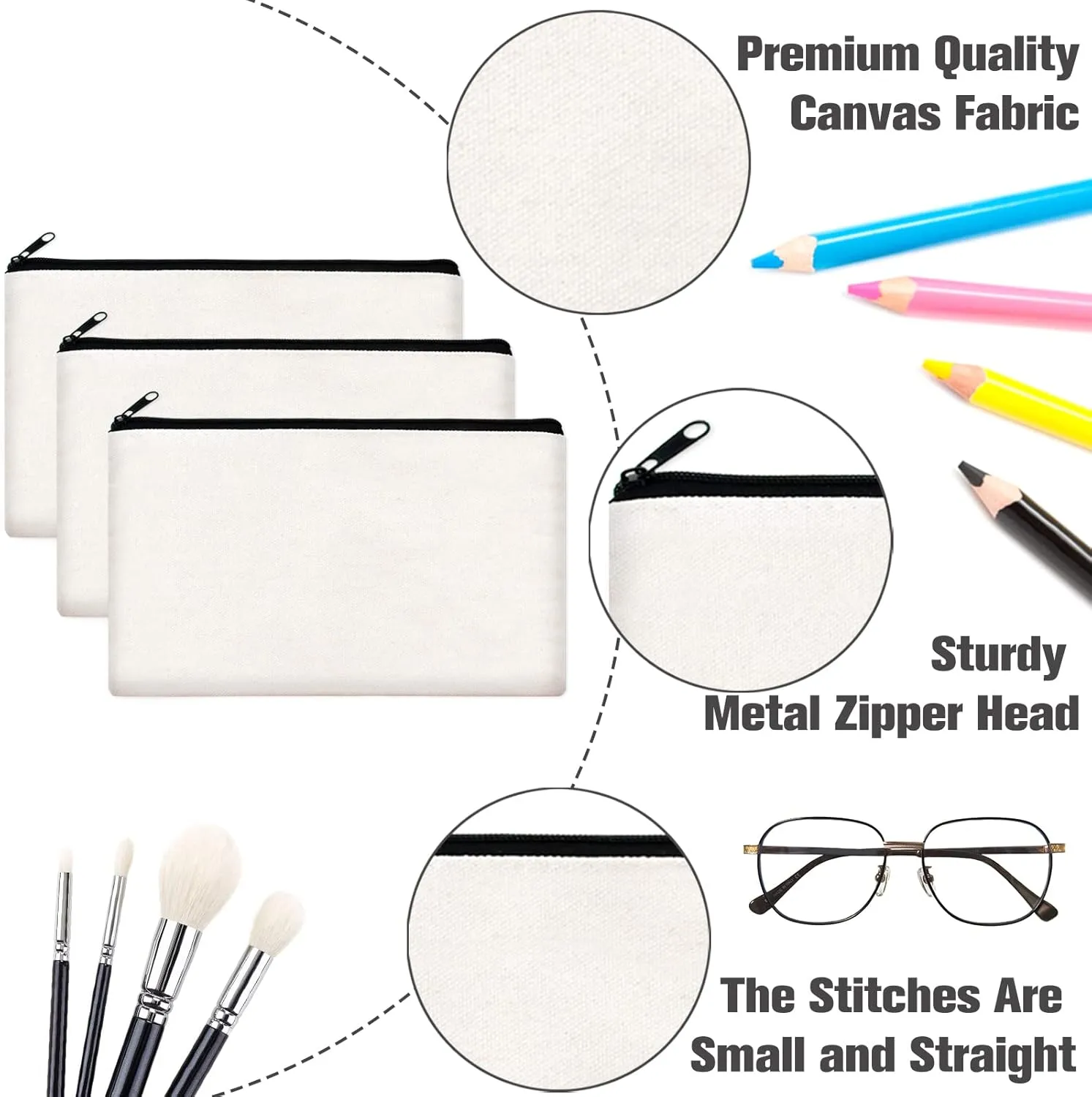 ZeeDix Canvas Pouch- Multi-purpose Cosmetic Bag with Zipper, DIY Craft Canvas Zipper Pouch Blank Makeup Bags Bulk Travel Toiletry Bag for Storage (8.3 x 5 inches)