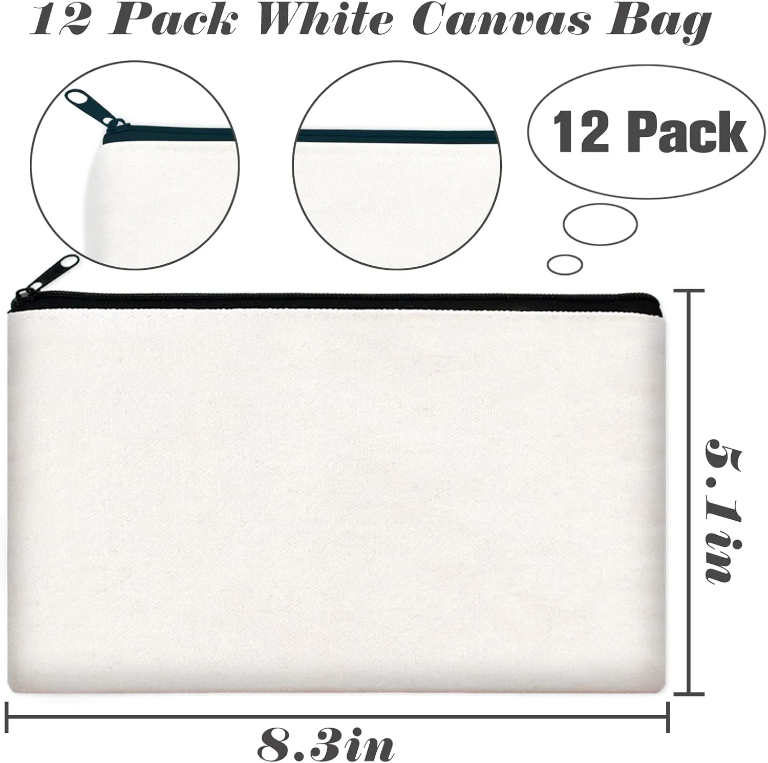 ZeeDix Canvas Pouch- Multi-purpose Cosmetic Bag with Zipper, DIY Craft Canvas Zipper Pouch Blank Makeup Bags Bulk Travel Toiletry Bag for Storage (8.3 x 5 inches)