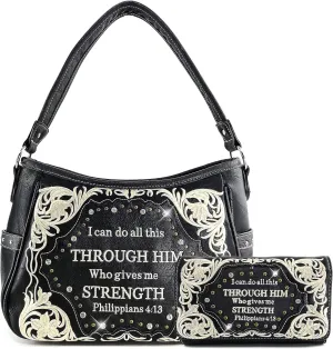 Zelris Bible Verse Philippians 4:13 Women Conceal Carry Hobo Purse Wallet Set