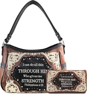 Zelris Bible Verse Philippians 4:13 Women Conceal Carry Hobo Purse Wallet Set