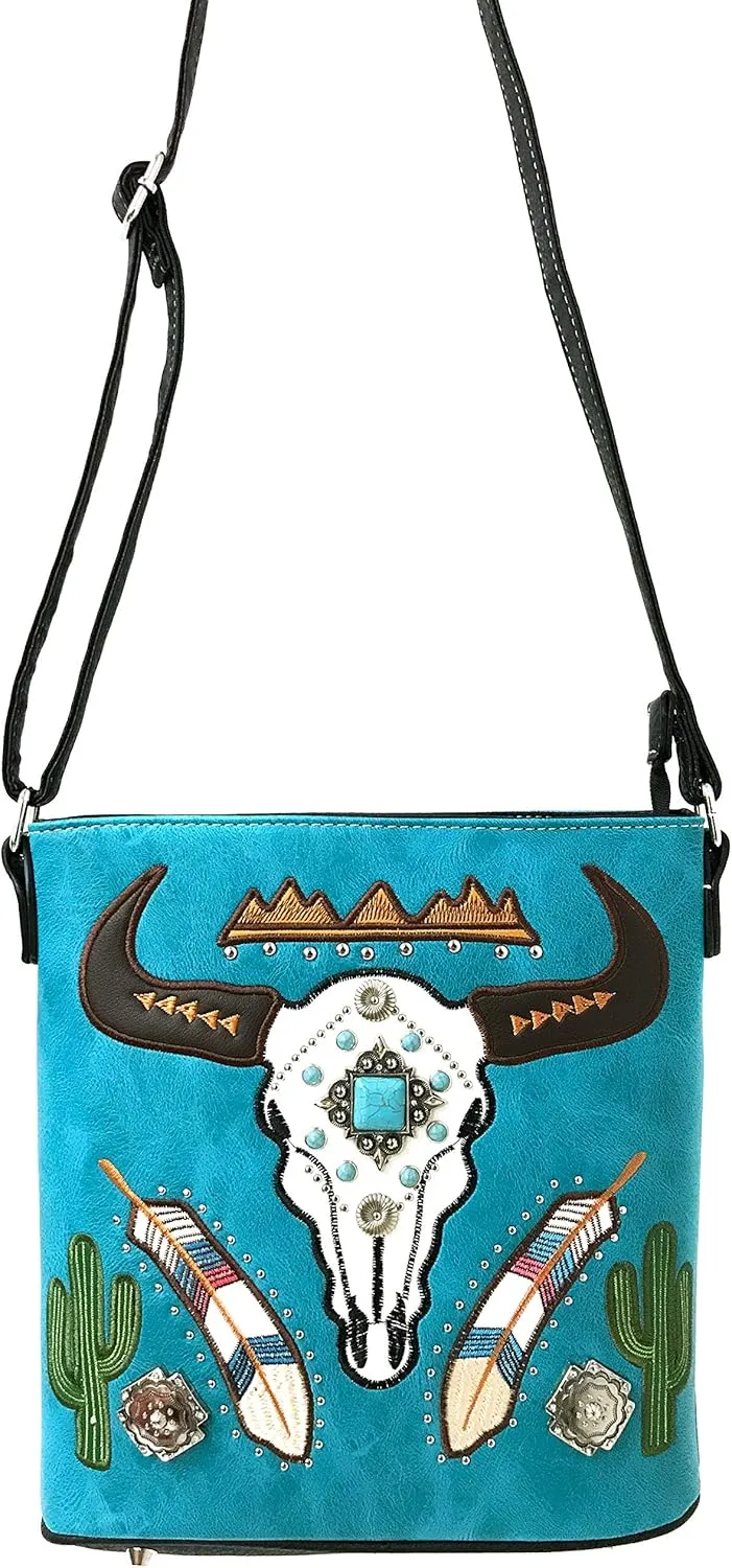Zelris Longhorn Skull Embroidered Feather Cactus Design Women Concealed Carry Crossbody Messenger Bag