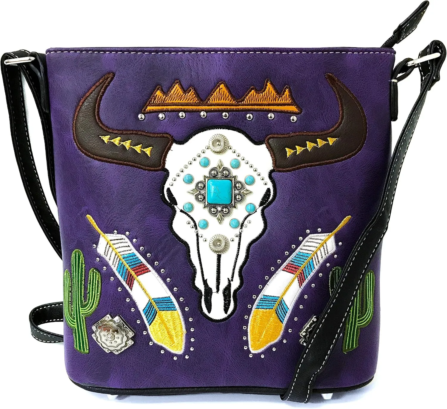 Zelris Longhorn Skull Embroidered Feather Cactus Design Women Concealed Carry Crossbody Messenger Bag
