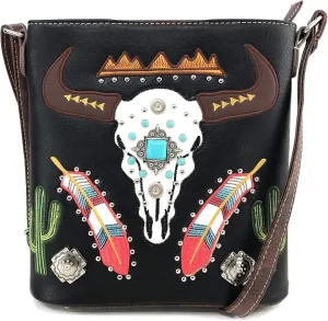 Zelris Longhorn Skull Embroidered Feather Cactus Design Women Concealed Carry Crossbody Messenger Bag