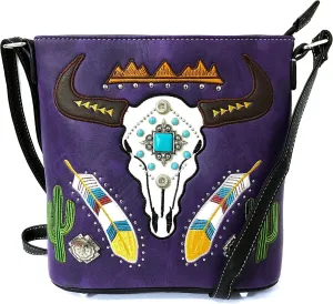 Zelris Longhorn Skull Embroidered Feather Cactus Design Women Concealed Carry Crossbody Messenger Bag