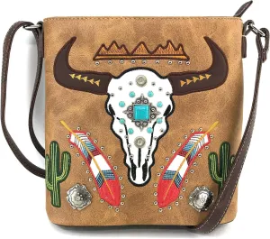Zelris Longhorn Skull Embroidered Feather Cactus Design Women Concealed Carry Crossbody Messenger Bag