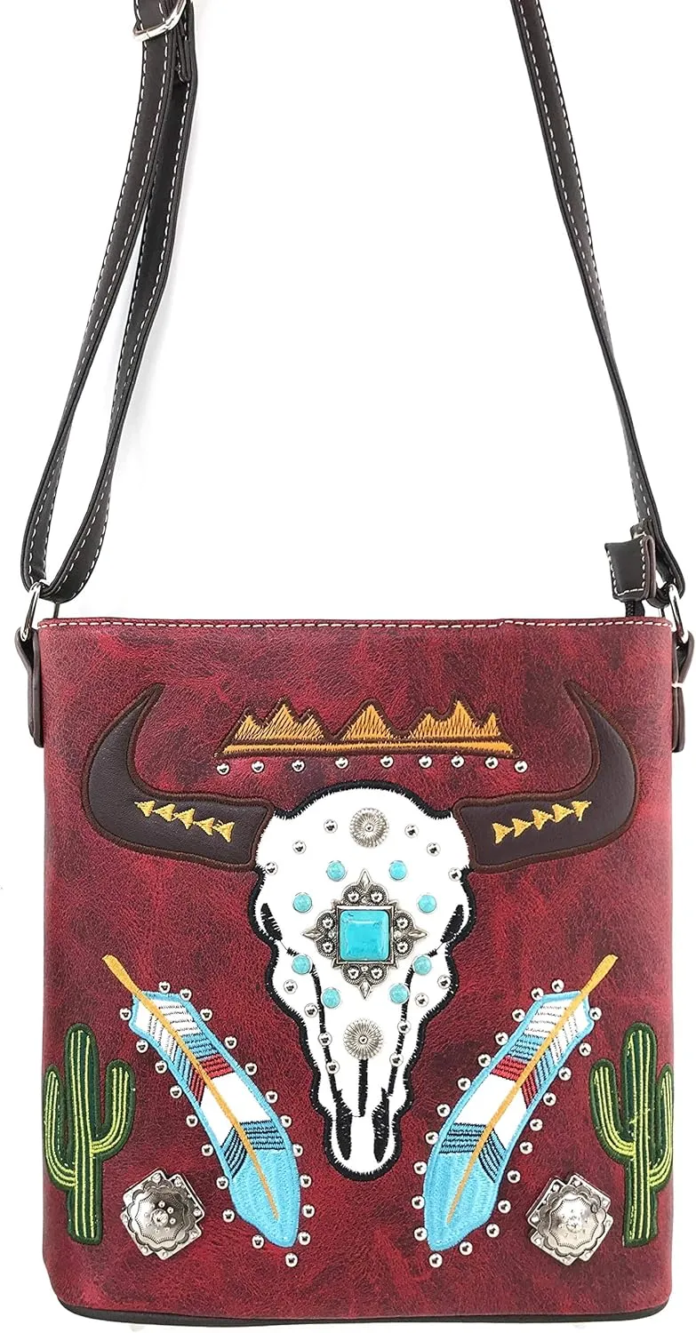 Zelris Longhorn Skull Embroidered Feather Cactus Design Women Concealed Carry Crossbody Messenger Bag