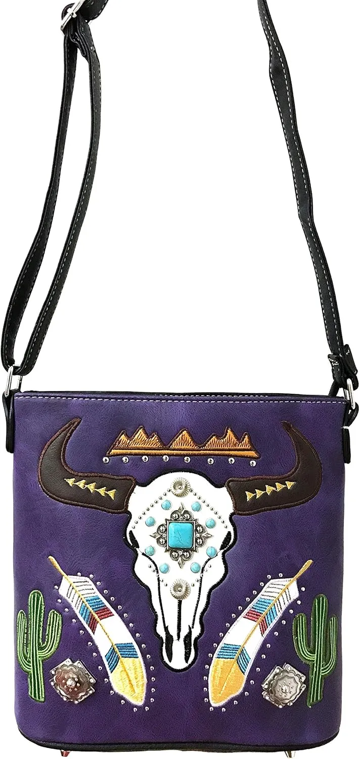Zelris Longhorn Skull Embroidered Feather Cactus Design Women Concealed Carry Crossbody Messenger Bag