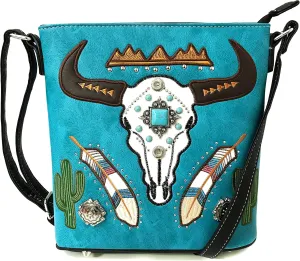 Zelris Longhorn Skull Embroidered Feather Cactus Design Women Concealed Carry Crossbody Messenger Bag