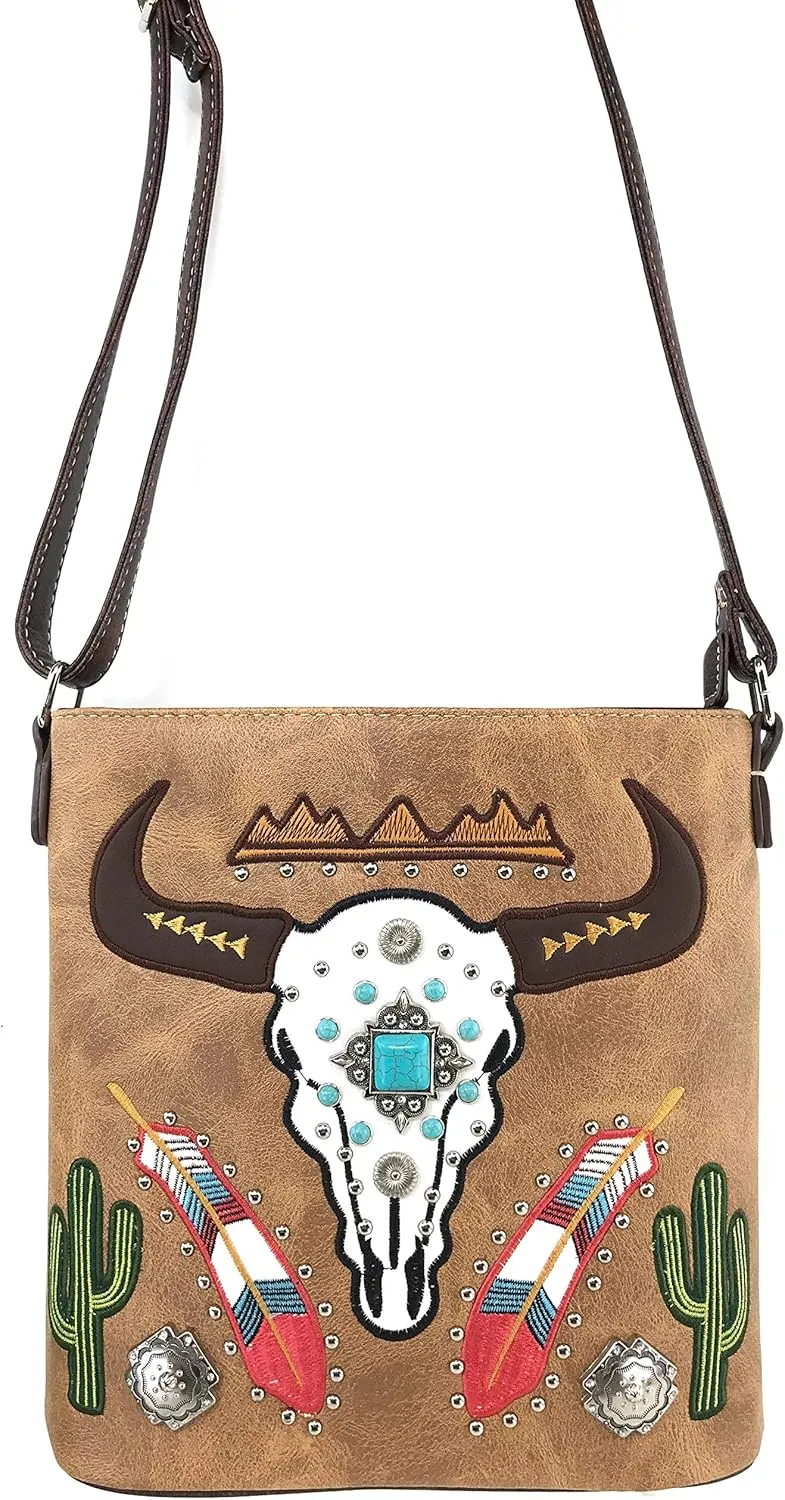 Zelris Longhorn Skull Embroidered Feather Cactus Design Women Concealed Carry Crossbody Messenger Bag