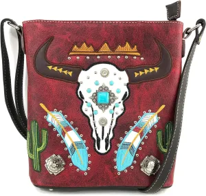 Zelris Longhorn Skull Embroidered Feather Cactus Design Women Concealed Carry Crossbody Messenger Bag