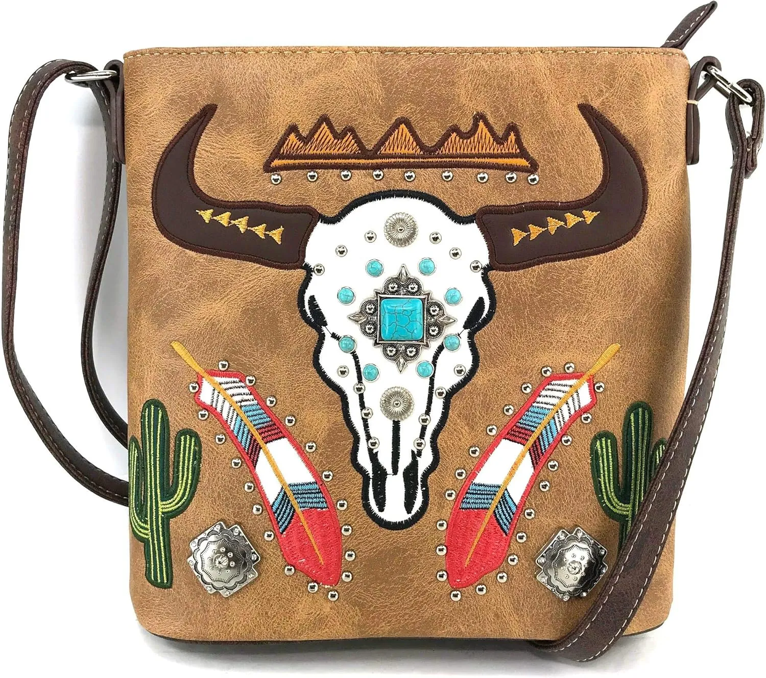 Zelris Longhorn Skull Embroidered Feather Cactus Design Women Concealed Carry Crossbody Messenger Bag