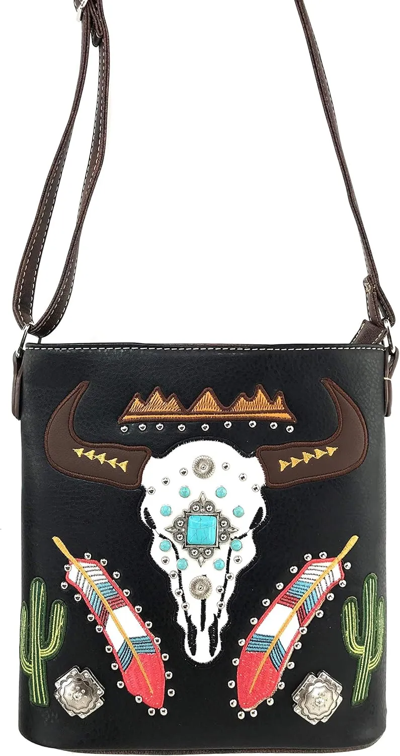 Zelris Longhorn Skull Embroidered Feather Cactus Design Women Concealed Carry Crossbody Messenger Bag