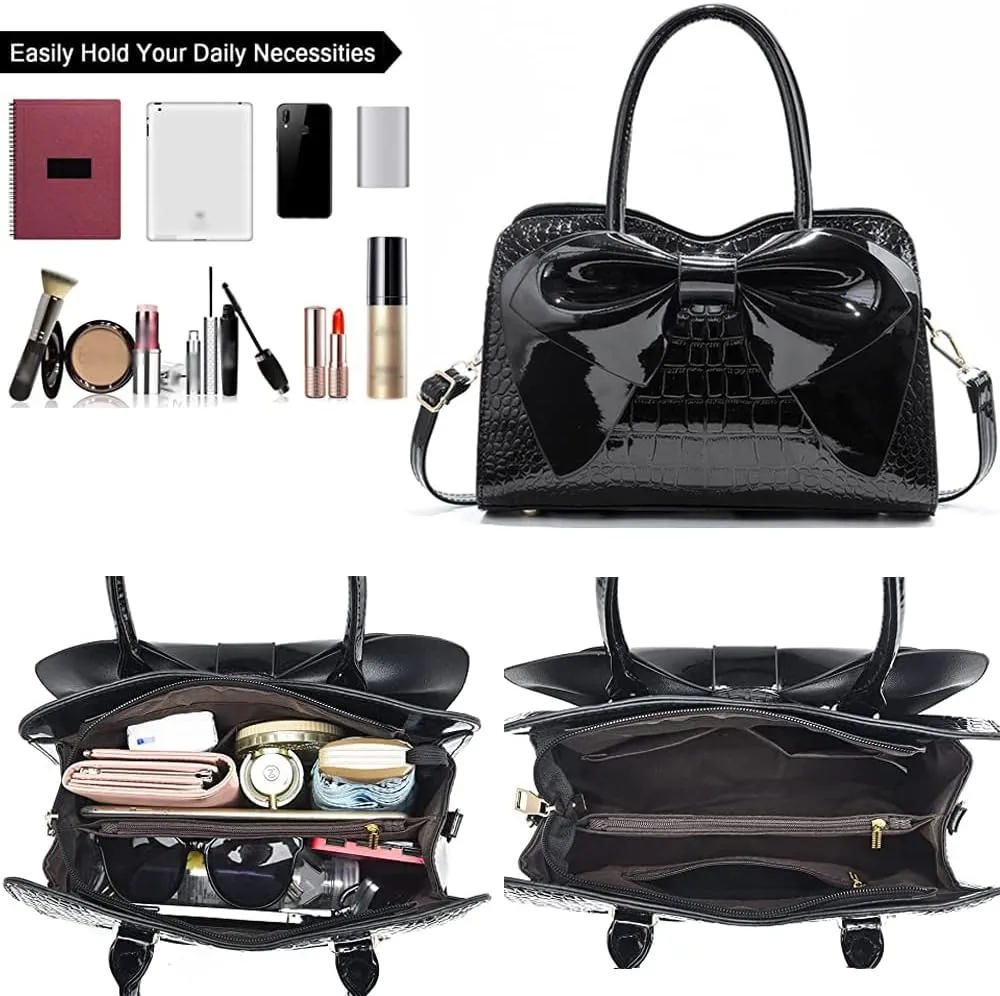ZiMing Glossy Patent Leather Handbag for Women Satchel Bag Bowknot Purse Top Handle Bags Stylish Shoulder Bag Medium Tote Bag