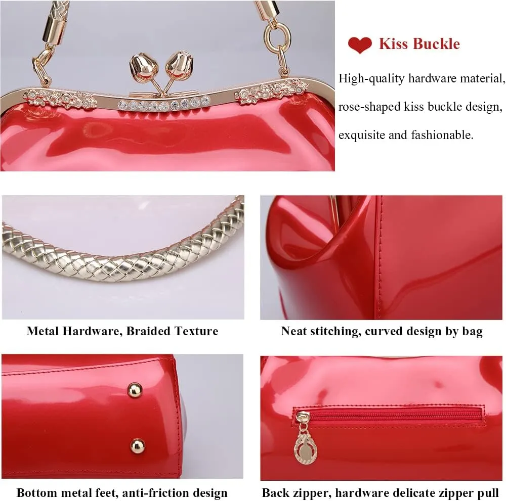 ZiMing Glossy Patent Leather Handbags Women Kiss Lock Purse Top Handle Handbag Evening Bag Satchel Shoulder Crossbody Bag