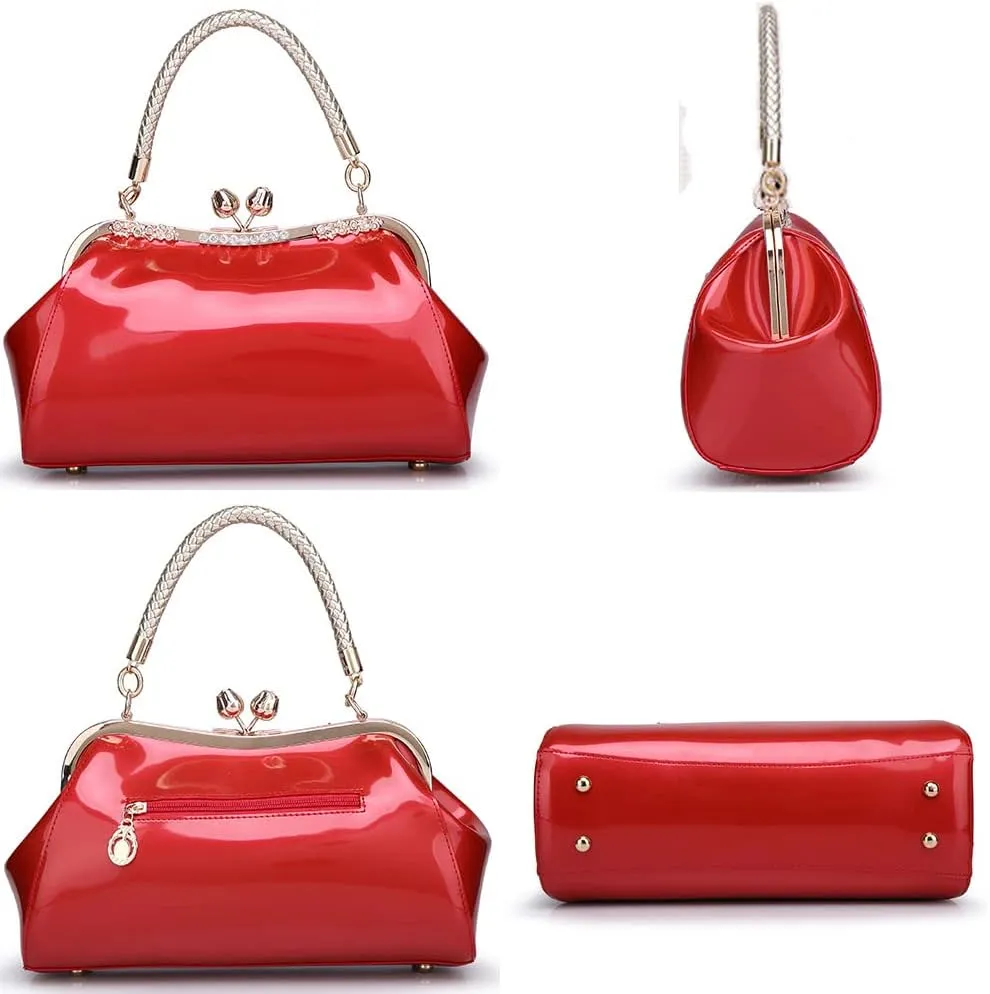 ZiMing Glossy Patent Leather Handbags Women Kiss Lock Purse Top Handle Handbag Evening Bag Satchel Shoulder Crossbody Bag